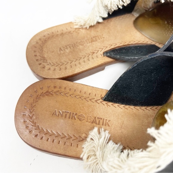 ANTIK BATIK ALBA BLACK LEATHER WITH FRINGE FLAT SLIP ON SANDALS WOMENS SZ 7 - Picture 4 of 7